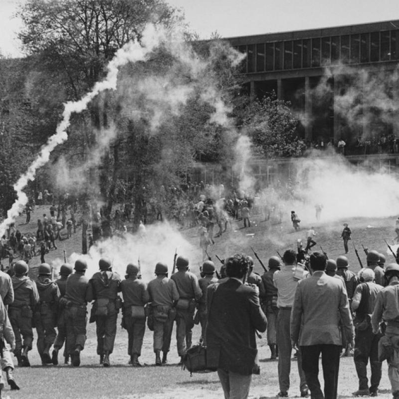 The National Guard advances on student protestors on the campus of Kent State University on May 4, 1970.