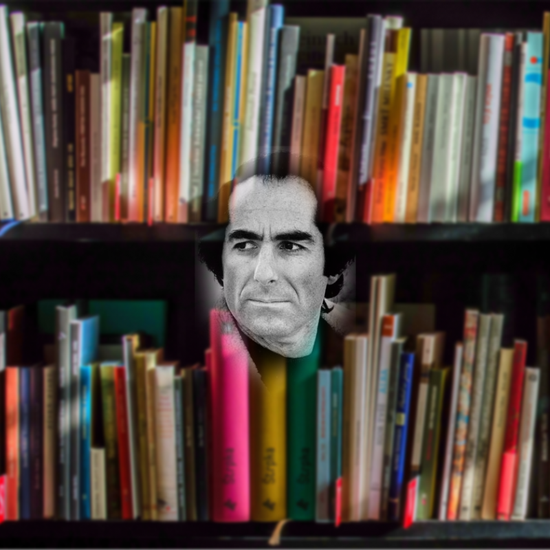 An old portrait of Philip Roth hovers semi-transparent over a shelf full of books