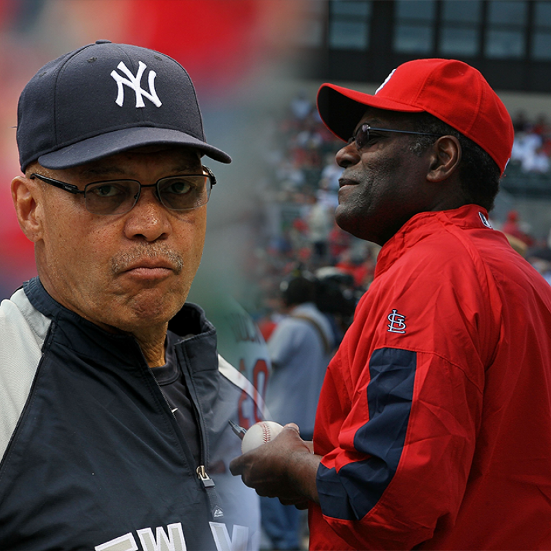 Baseball legends Reggie Jackson and Bob Gibson are pictured here during retirement wearing the colors of the New York Yankees and St. Louis Cardinals, respectively.