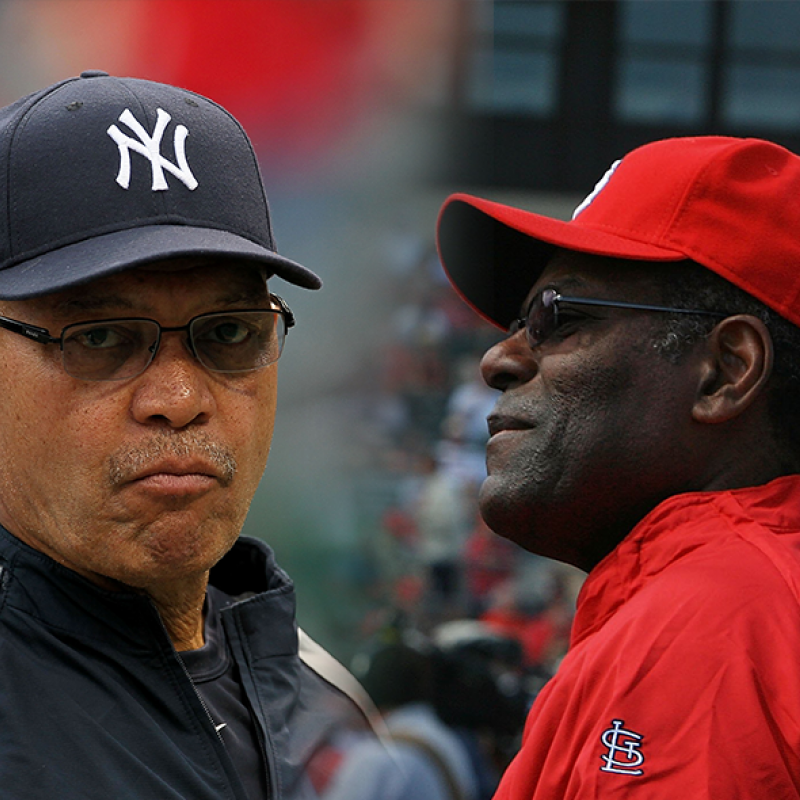 Baseball legends Reggie Jackson and Bob Gibson are pictured in their post-career days.