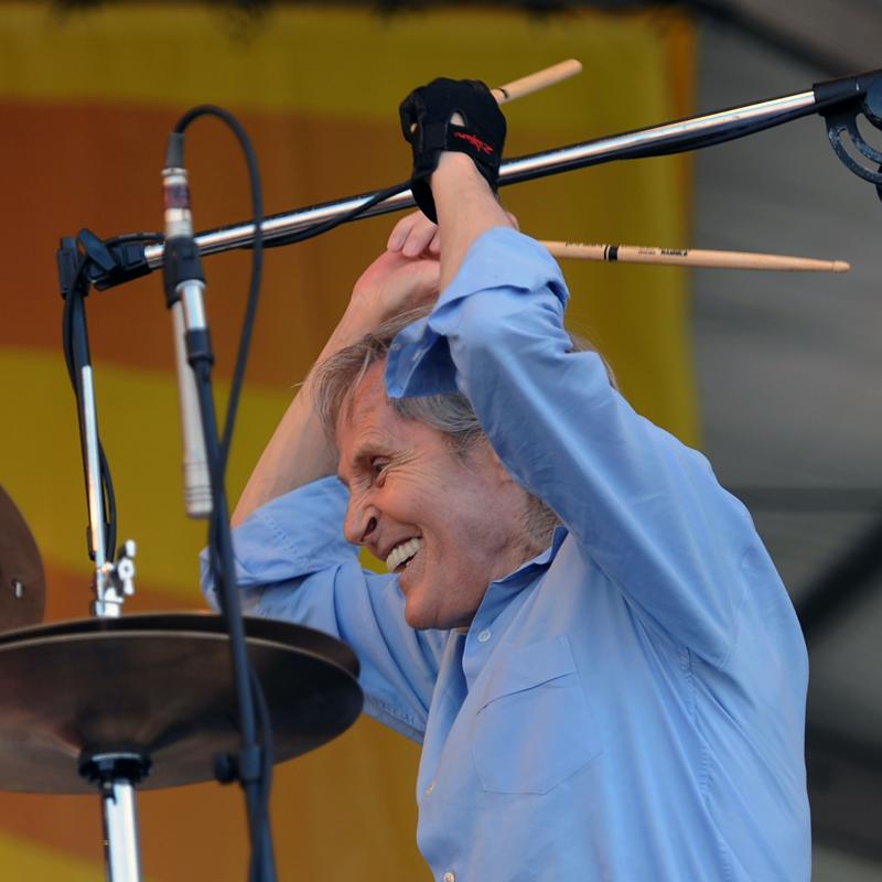 Drummer Levon Helm of The Band plays his drums