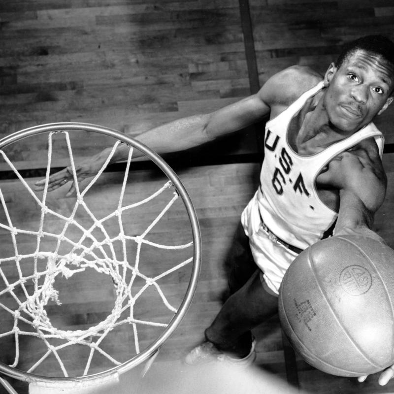 Overhead view of Bill Russell making a layup